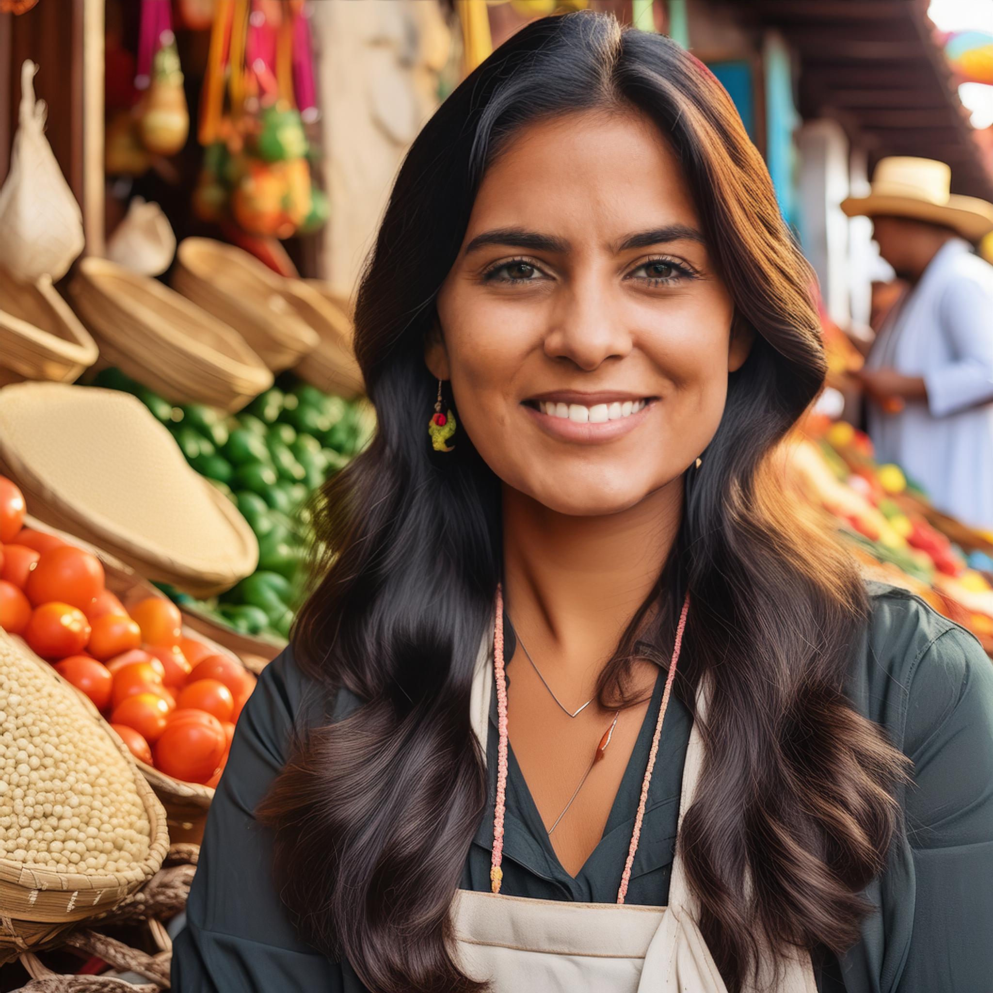 Retrato hiperrealista de una mujer queretana de 25 años, crítica gastronómica, sonriendo en un mercado de alimentos.