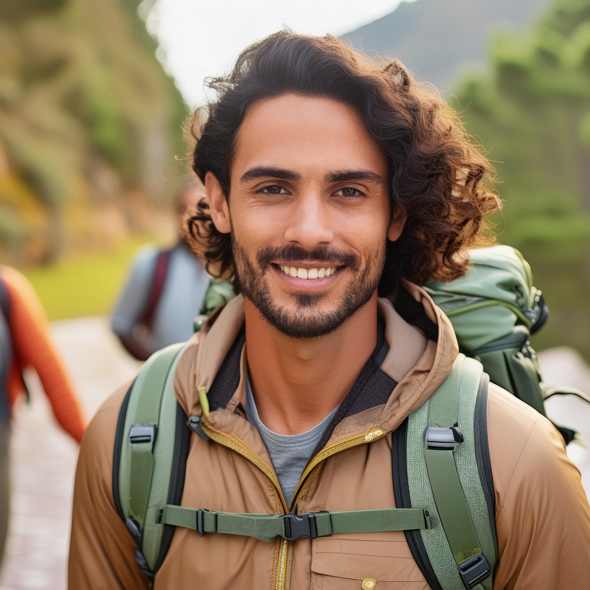 Retrato hiperrealista de un hombre de 30 años, turista, sonriendo con una mochila en un entorno natural.