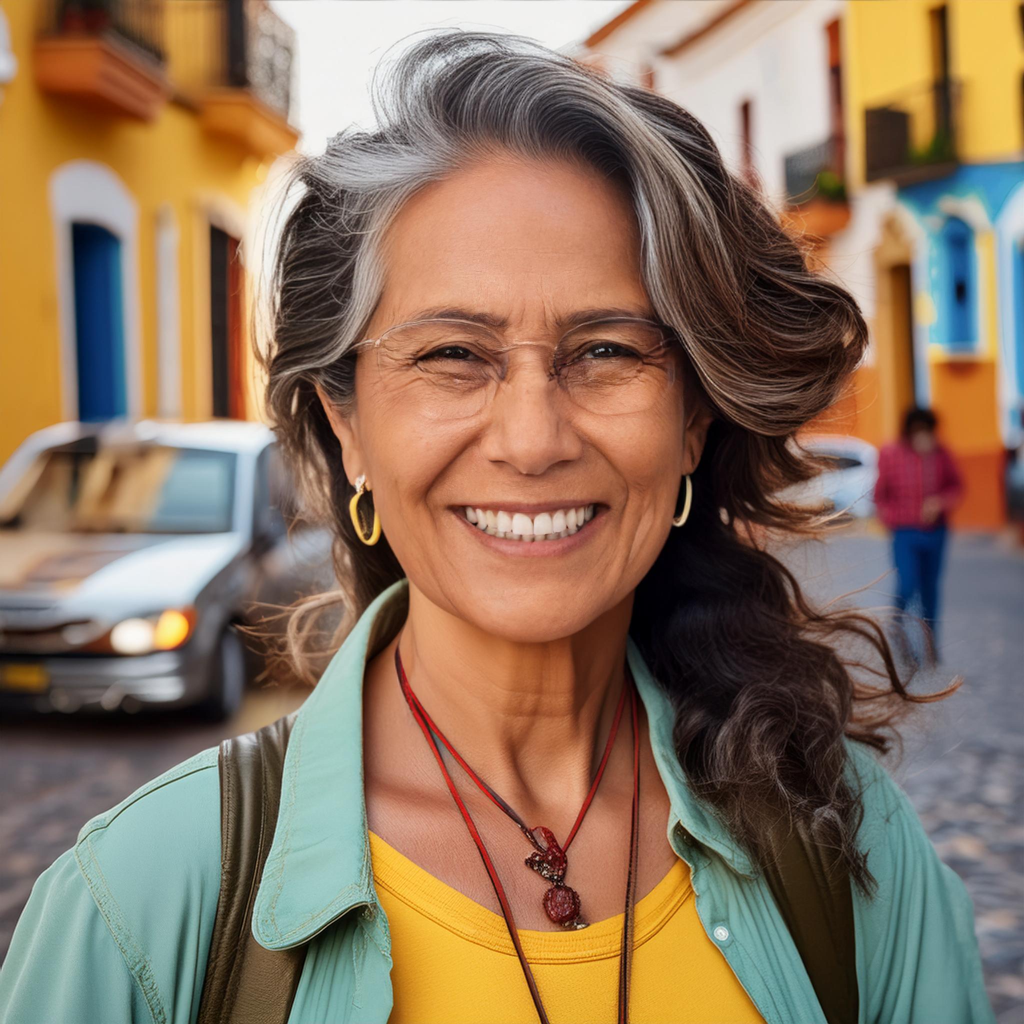 Retrato hiperrealista de una mujer queretana de mediana edad, sonriendo en una calle colorida.