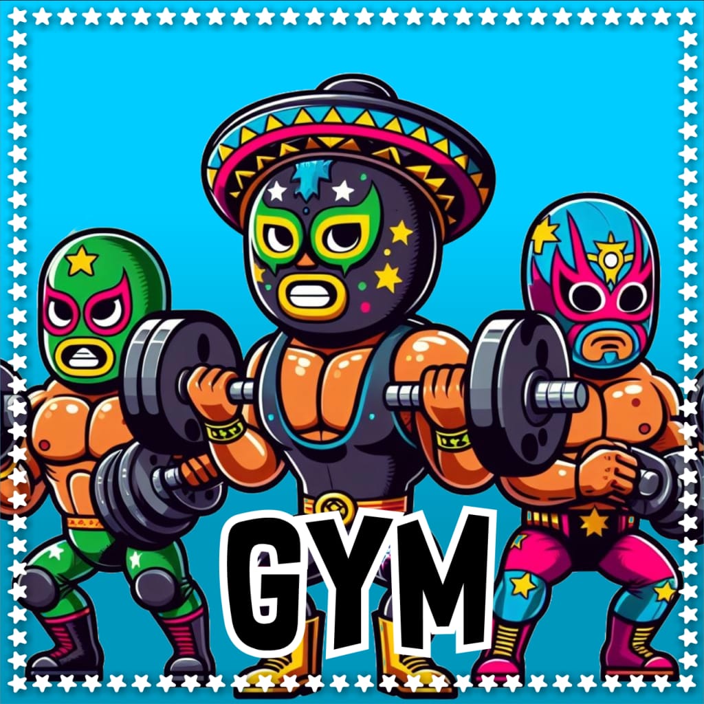 Ilustración colorida de luchadores mexicanos levantando pesas en el gimnasio.