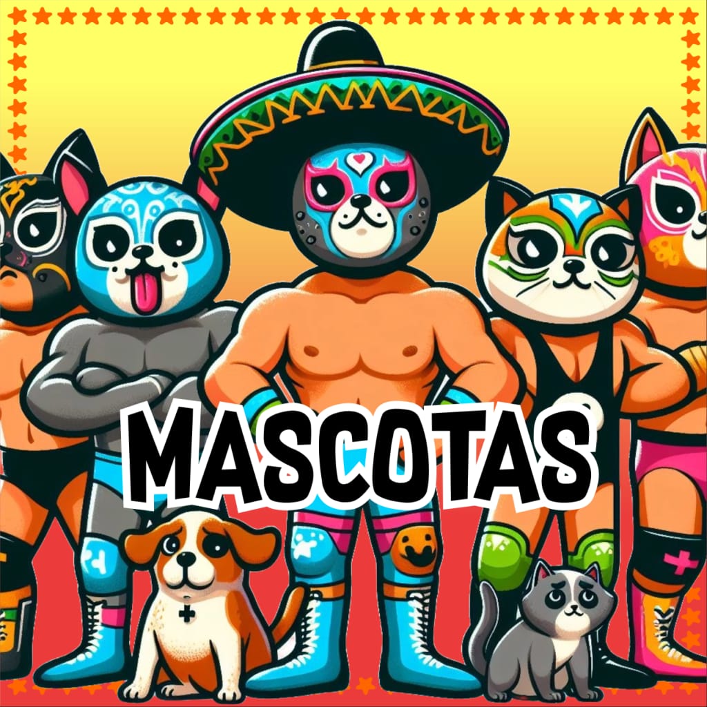 Ilustración colorida de mascotas disfrazadas de luchadores mexicanos.