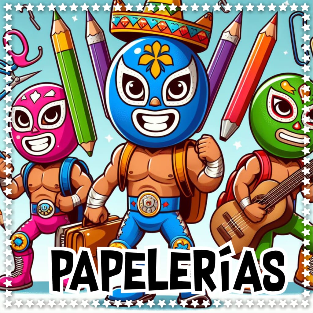 Ilustración colorida de luchadores mexicanos con útiles escolares.