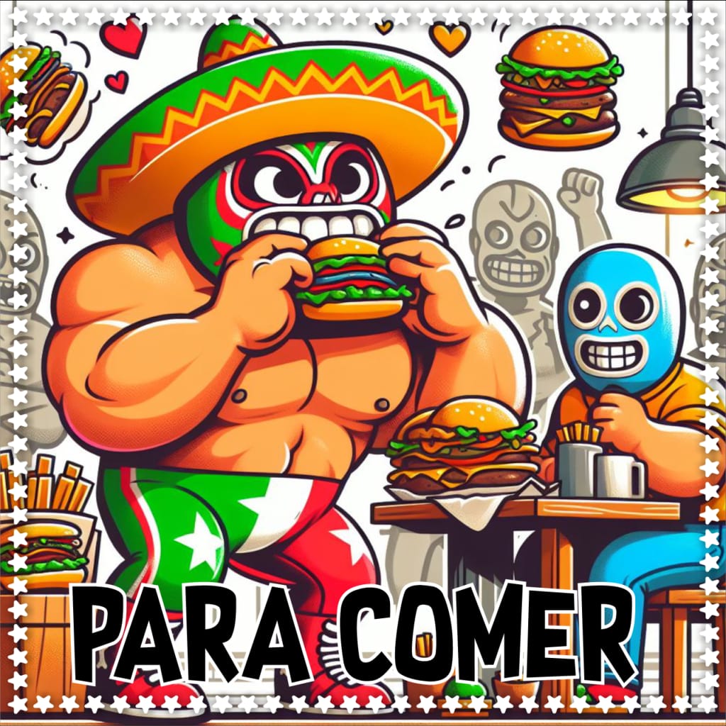 Ilustración colorida de luchadores mexicanos disfrutando hamburguesas.