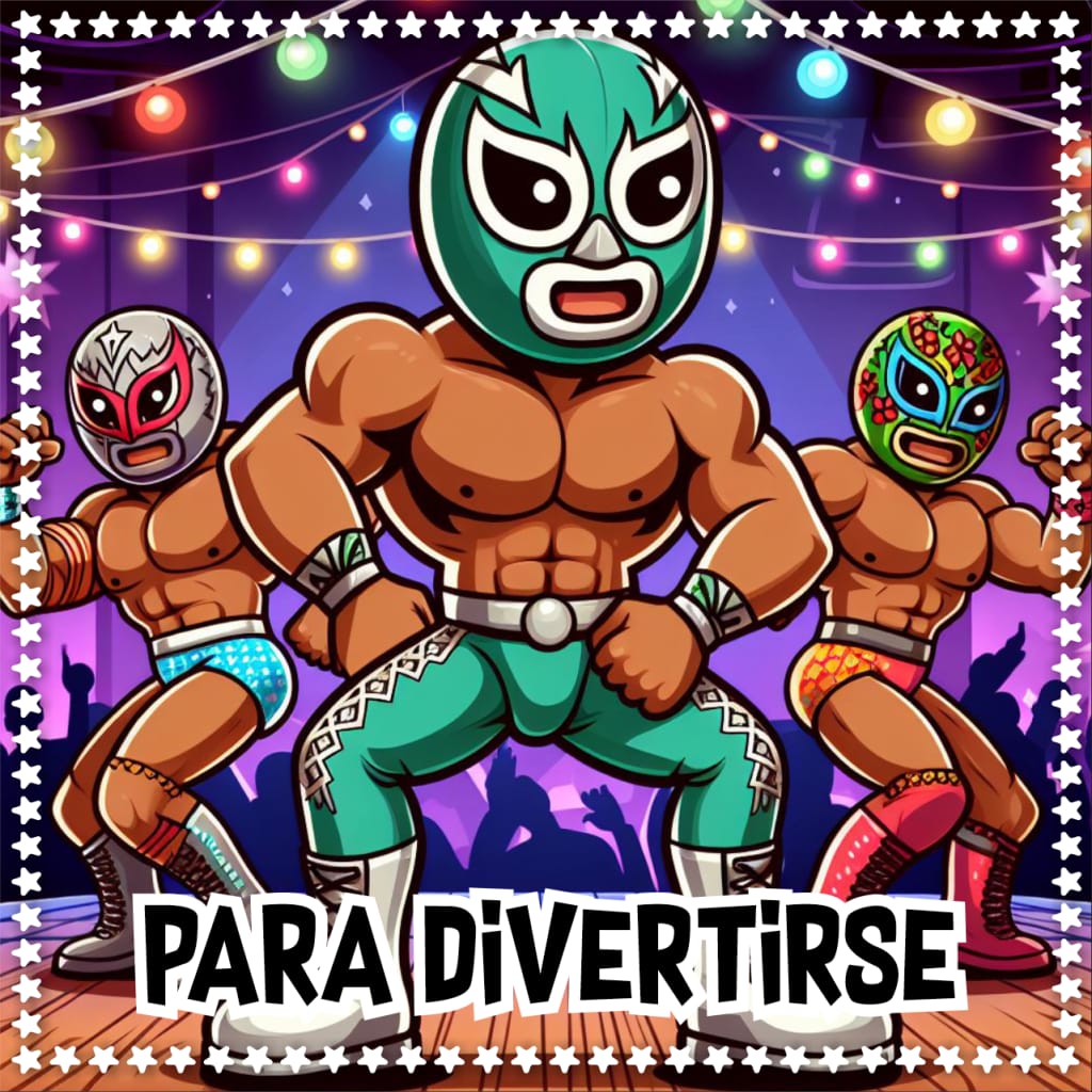 Ilustración colorida de luchadores mexicanos en un escenario con luces festivas.