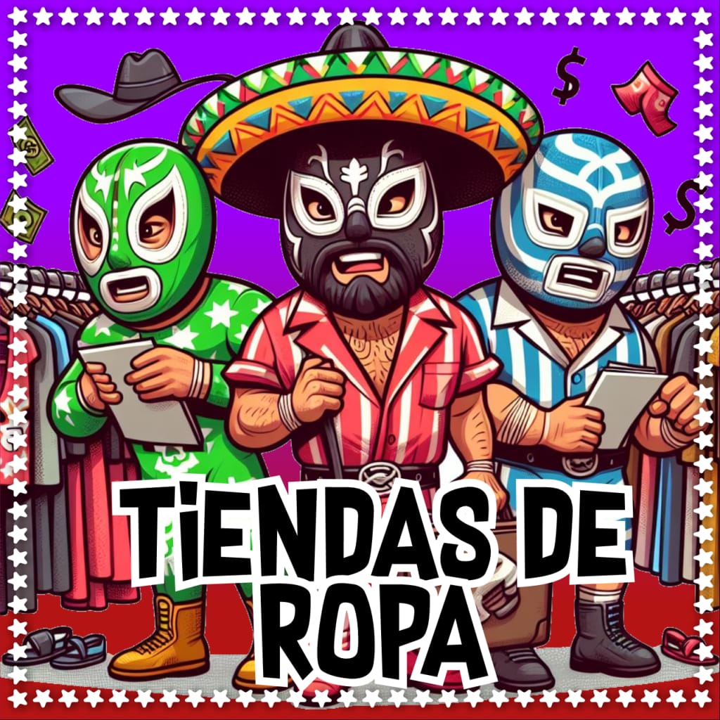 Ilustración colorida de luchadores mexicanos en una tienda de ropa.