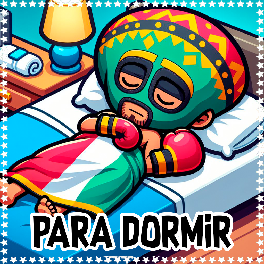 Ilustración colorida de un luchador mexicano durmiendo en una cama.